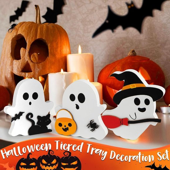 Ghost Halloween Decorations Indoor Wooden Tiered Tray Decor Table Sign - Picture 4 of 9